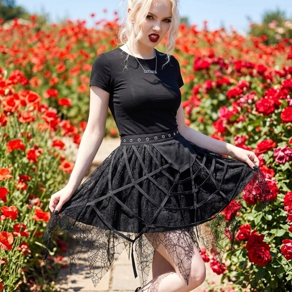 Black Gothic Lace Webbed Circle Skirt
